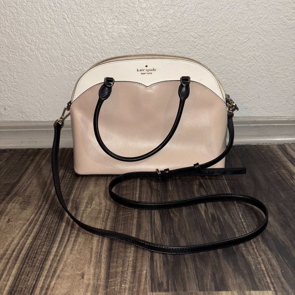 Kate Spade Payton Colorblock Leather Dome Satchel Crossbody Purse Cream Black
